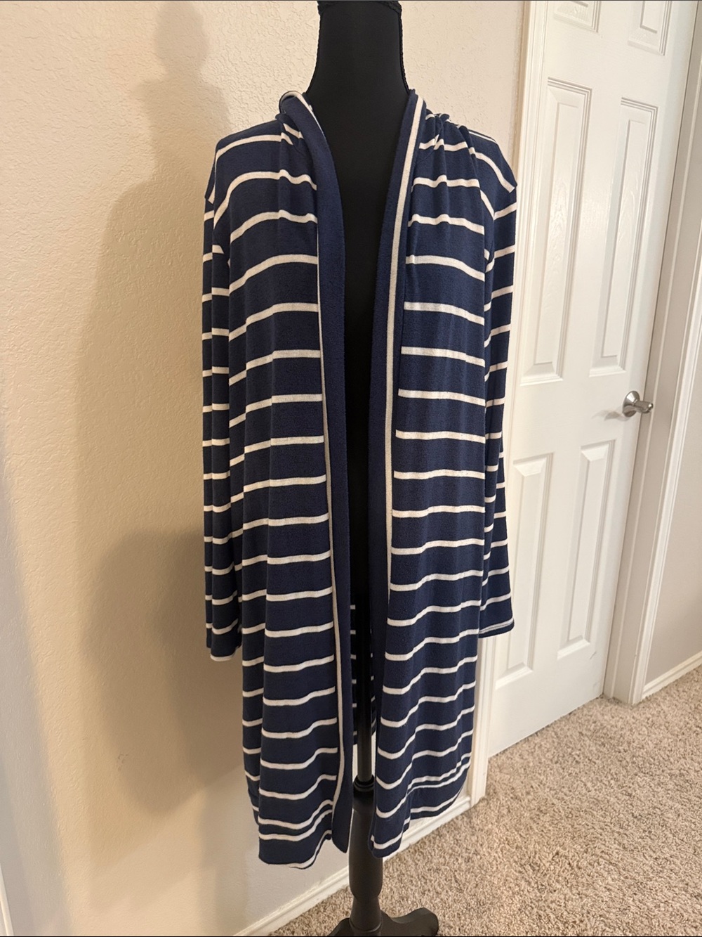 Wantable-Navy and White Striped Hooded Open-Front Cardigan